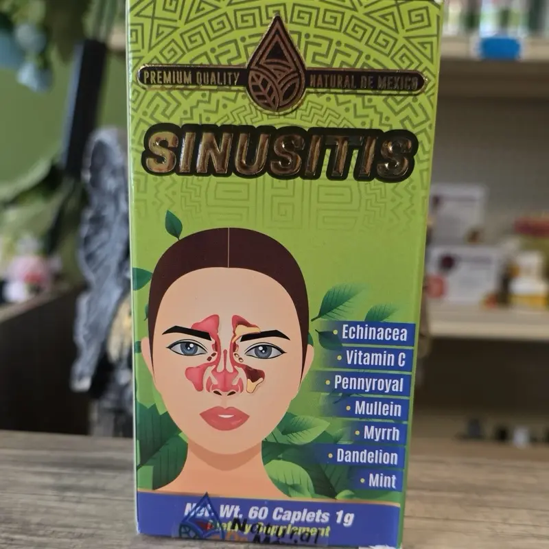 Sinusitis Natural Supplement with Equinacea Vitamin C Peleo Gordolobo Mirra Diente de Leon Menta 60 Caplets 1g Remedies Therapy