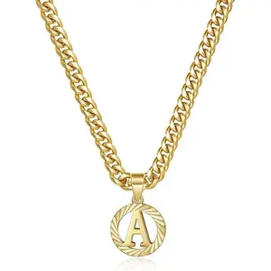 14k Gold Plated Hollow Round Capital 26 Letter Pendant Necklace Matching Cuban Necklace Unisex Fashion Jewelry