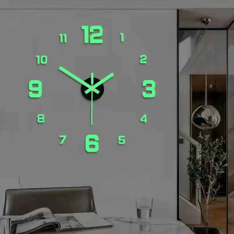 Glow In The Dark 3D DIY Wall Clock, Silent Frameless Luminous Digital Clock, No Drill Self Adhesive Wall Sticker Clock for Living Room Bedroom Home Decor