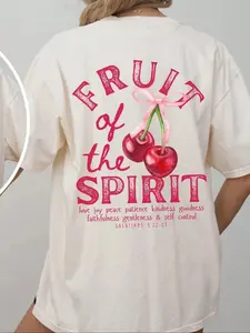 Women's Cherry Letter Print Round Neck T-Shirt, Vintage Casual off Shoulder Short Sleeve Top for Summer, Perfect for Daily Wear