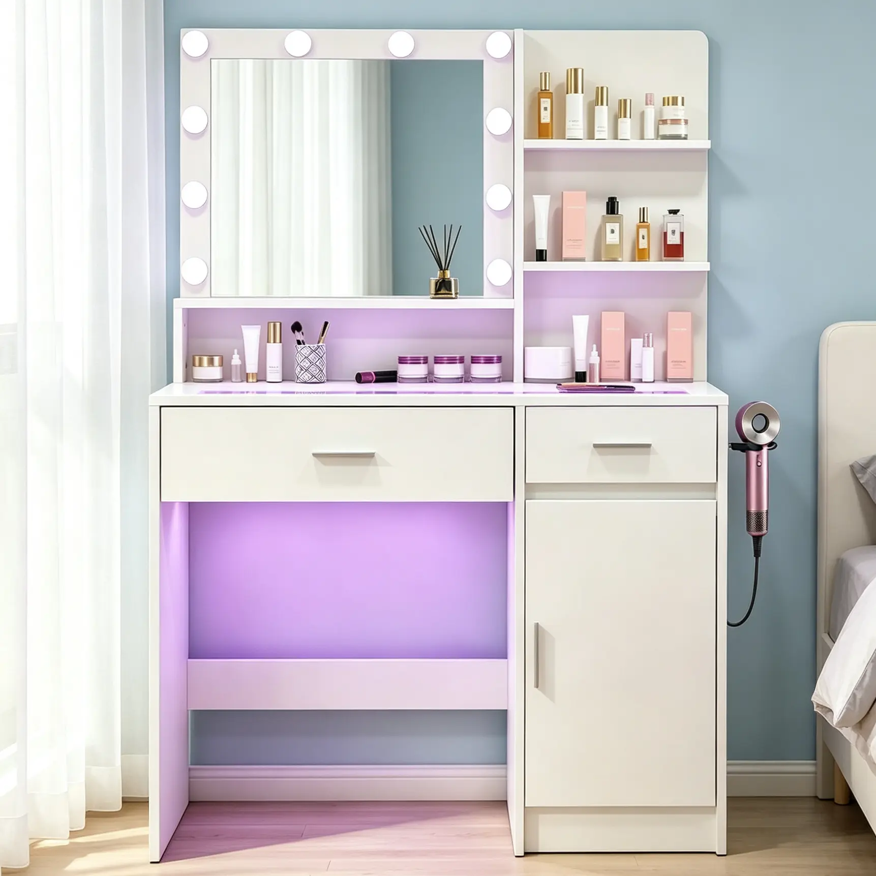 CollaredEagle Vanity Desk Makeup Vanity White LED Lighted Makeup Vanity Table Rotating Mirror Vanity with Storage Glass Top USB Power LED Lights Brightness Adjustable RGB Drawers Dressing Table Bedroom,dorm essentials,home decor