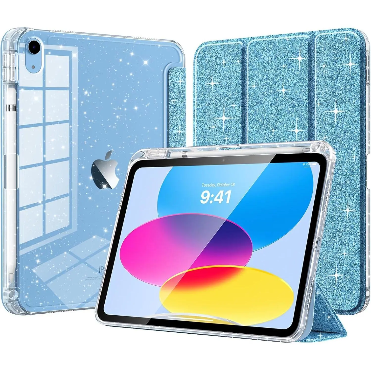Case for iPad (A16) 11th Generation 11 Inch 2025 & iPad 10th Generation 10.9 Inch 2022 – Glitter TPU Cover with Shiny Clear Back Shell & Pencil Holder, Auto Wake/Sleep, Glitter Sky Blue Computer Protection Shockproof Casing