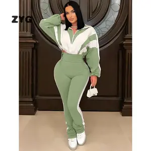 ZYG Two-Piece Set for Women: Colorblock Print Cropped Jacket & Side Stripe Pants Set, Zipper Jacket & Elastic Waist Pocket Trousers, Women’s Outfits for Daily Wear, Athletic Tracksuit