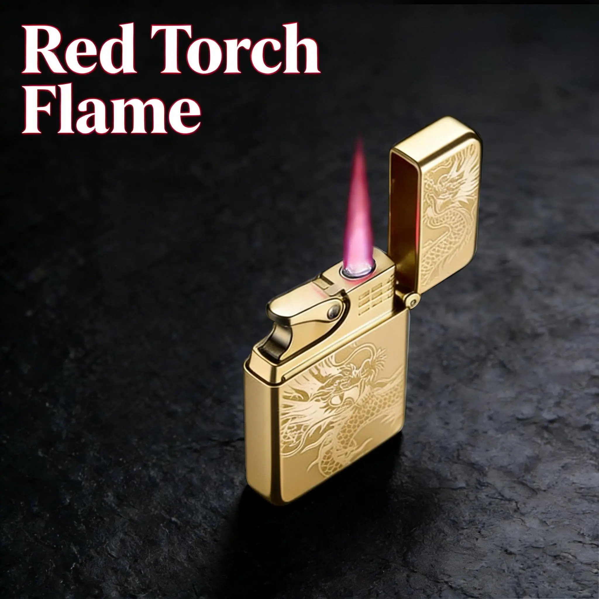(Butane-free) Wind-Resistant Metal Torch Lighters with Red Flame & Dragon Design, Adjustable Flame, Refillable Butane Gas Lighters for Camping, Bbq & Outdoor Use, Cool Gift for Men (Butane Not Included)