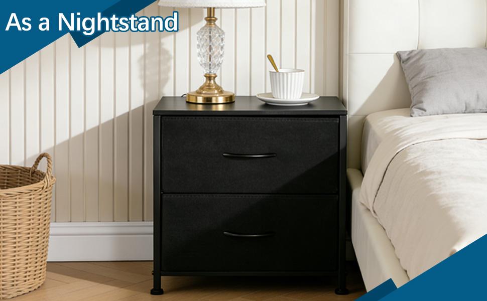 Minimalist Fabric Nightstand with 2 Drawers - Rectangular House Furniture, Small Metal-Frame Bedside Table with Wooden Top, Dresser End Table for Bedroom Small Spaces Black
