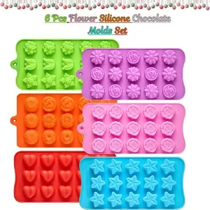 6 Pcs Silicone Chocolate Molds Set – Flower, Rose, Heart & Star Candy Molds, 15-Cavity Baking Mold for Chocolate, Candy, Ice, Jello, Mothers & Fathers Day Gift