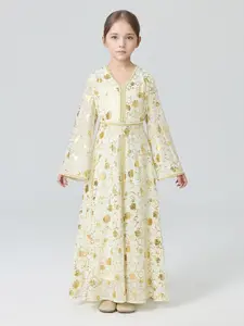 Girls Loose-Fitting Abaya Dress with Floral Embroidery and Beads, Breathable and Comfortable Casual Wear for Ramadan and All Seasons