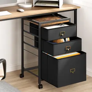 Compact 3 Drawer Mobile Filing Cabinet Stylish Fabric Storage Solution Legs for Bedroom Wheels Black 3 Drawer