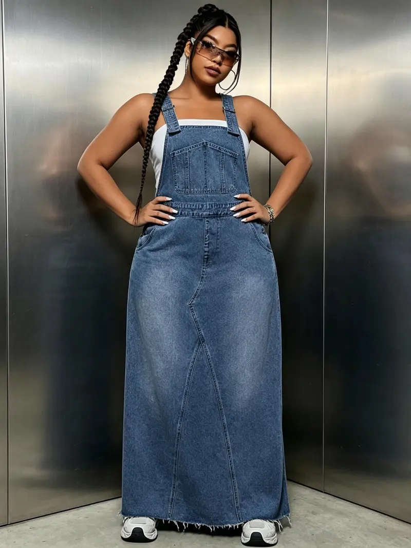 plus denim overall dress Plus Dual Pocket Overall Denim Dress