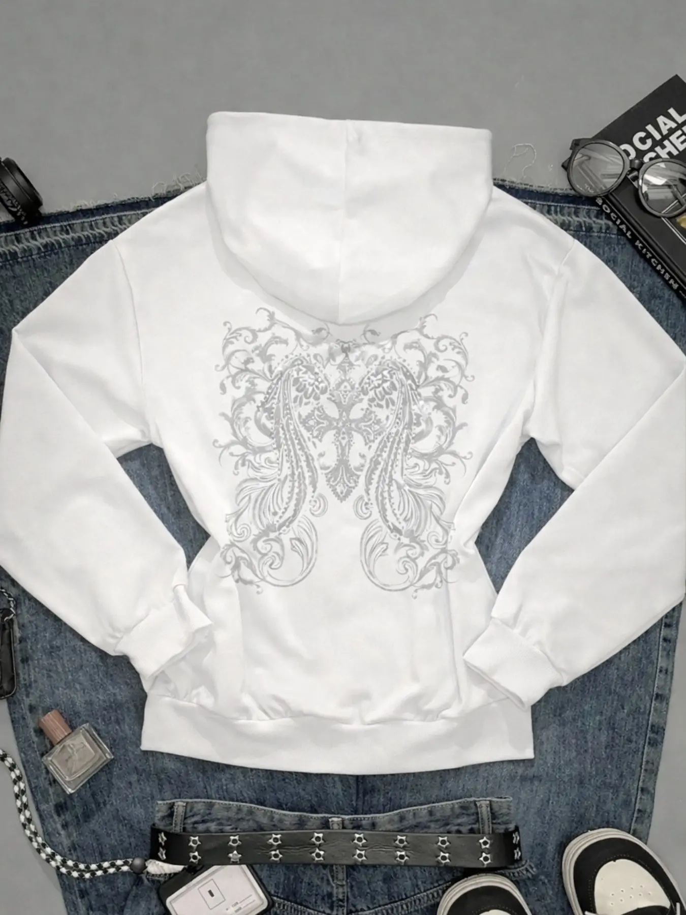 Vintage Punk Zipper Long Sleeve Hooded Jacket, Baroque Print Design, Casual Loose-Fit for Fall & Winter, Stylish Streetwear