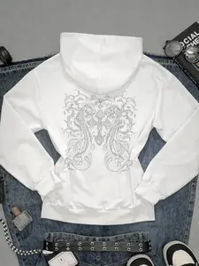 Vintage Punk Zipper Long Sleeve Hooded Jacket, Baroque Print Design, Casual Loose-Fit for Fall & Winter, Stylish Streetwear