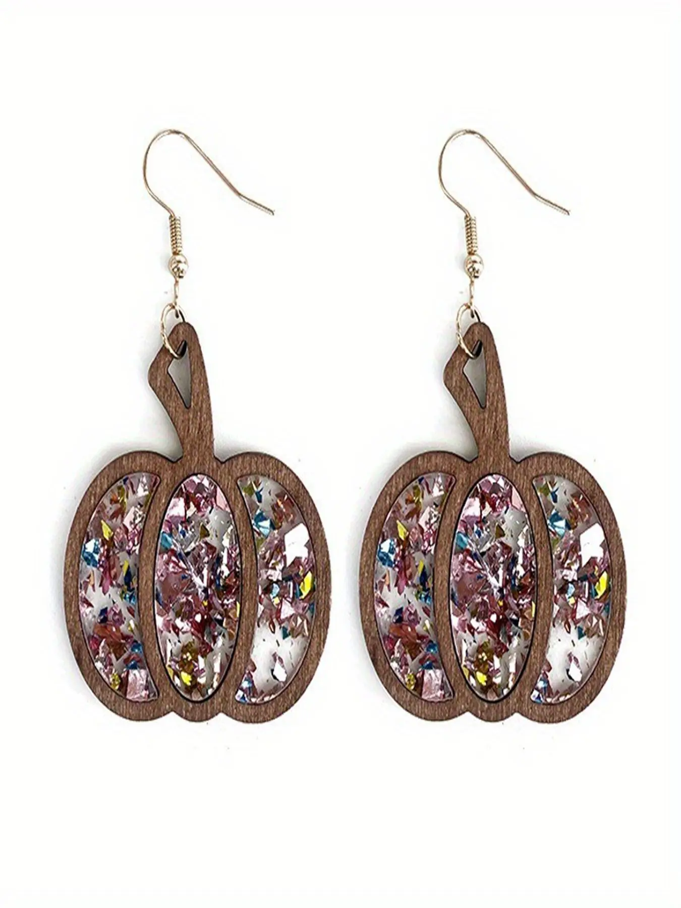 1 pari Wooden Pumpkin Pendant Earrings with Acrylic Sequins, Vintage and Minimalist Style, Women's Dangle Earrings, Fall Festival Jewelry
