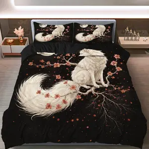 3PCS Duvet Cover Set, 1 Duvet+2 Pillowcases(Without filler), Fox Sakura Moonlight Branches Night theme, Halloween bedding set, Decorative duvet cover, Elegant Art Dark Decor Suitable for decoration bedroom living room guest room lounge.