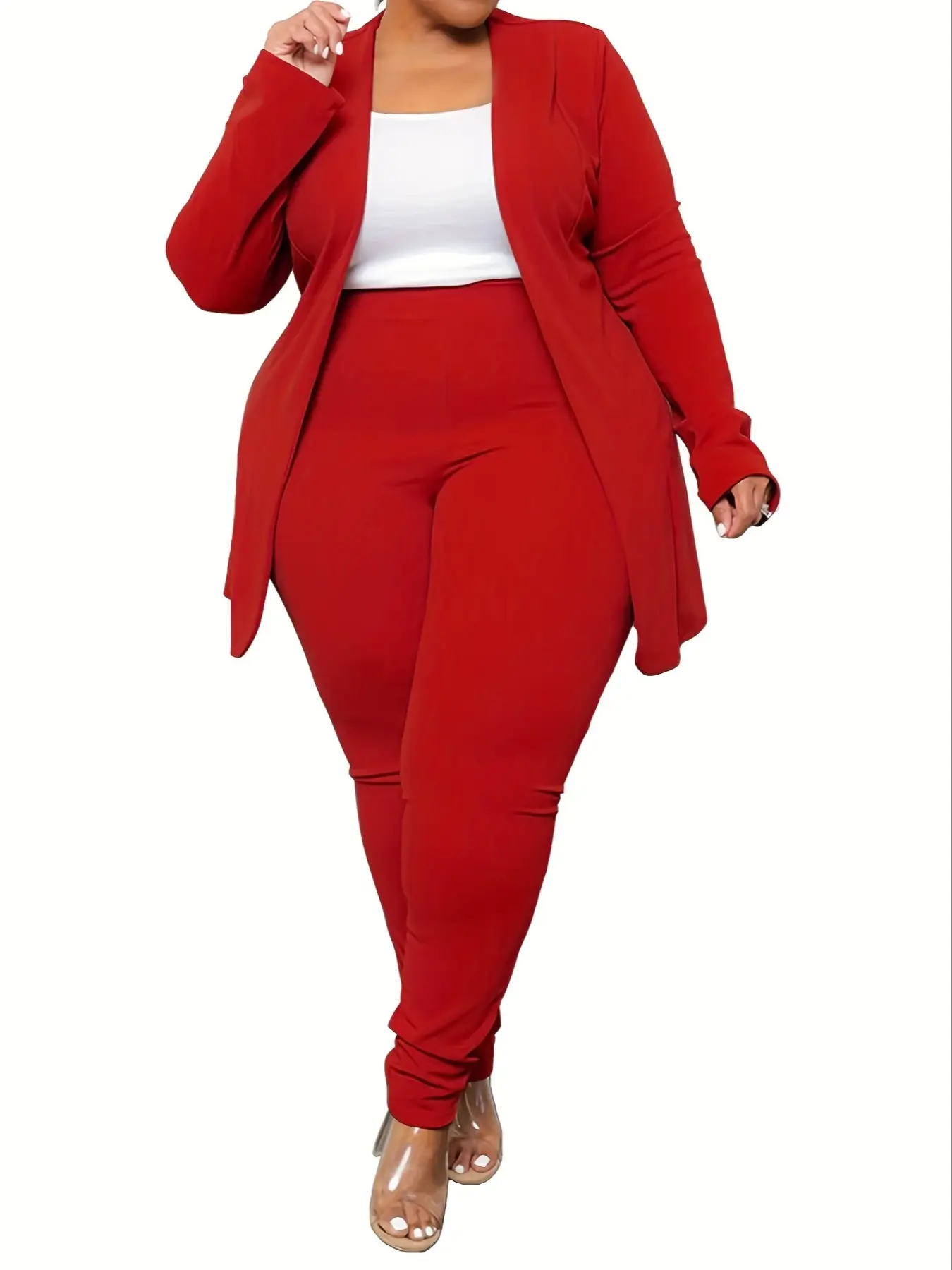 Women's Plus Size Long Sleeve Blazer Set, Casual Fashion Two-Piece Suit, Slim-Fitting Fall & Winter, Plain Pattern