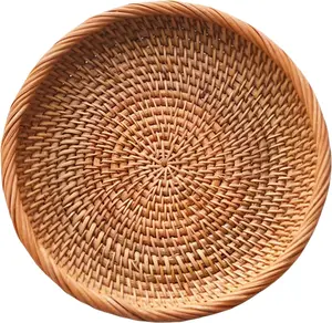 Handcrafted Small Rattan Serving Basket 8.7" – Round Woven Bread & Cracker Tray – Natural Wicker Fruit Bowl for Countertop Display, Snacks, Candy, and Party Serving