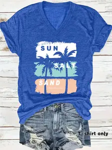 Women's Hawaiian Tropical Beach Print Top, Short Sleeve V Neck Casual Shirt, Medium Stretch All-Season Comfort