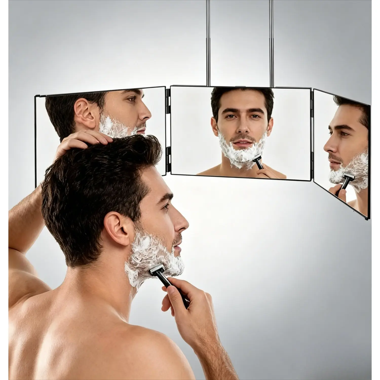 Integrated three-sided clear makeup mirror, foldable for space saving. Retractable design for flexible use. Super clear reflection for delicate makeup and hair care, suitable for home, dorm and rental room. Tri Folding Three Way Mirror