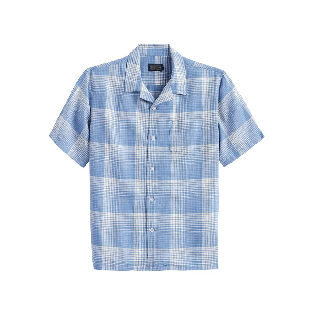 Pendleton Men's 25in Collared Short-Sleeve Linen Button-Top Shirt - Menswear, Casual, Breathable, Lightweight, Blue/White Ombre, Collared Short-Sleeve Casual Shirts, Collared Shirt Short-Sleeve Causal Shirts