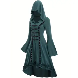 Women’s jersey dress with grommet eyelet buckle decoration, frilled trim, high–low hem, and hood; punk fashion flounce sleeve A-line slim dress for parties and holidays; women’s clothing for fall and winter; witch costume; womenswear