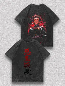 valentine shirts Men's Vintage Distressed Reversible T-Shirt - Demon Slayer Tanjiro Passionate Print, "Demon Slaying" Text, Niche Trendy Loose-Fit Versatile Short-Sleeve Top