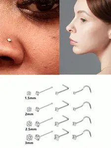 12 Pcs Stainless Steel Rhinestone Nose Rings, Nose Studs, Nose Piercing Kit, Punk Style Piercing Jewelry, Fashionable Daily Wear for Women, European and American Style