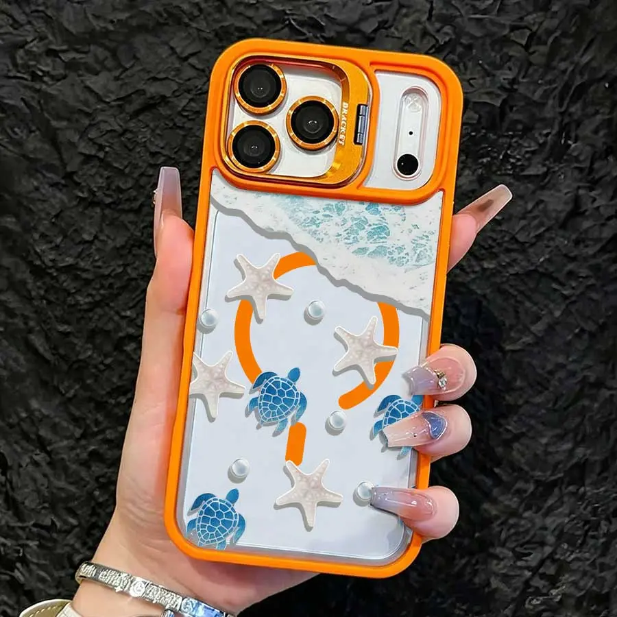 Transparent Magnetic Cellphone Case with Orange Lens Frame Kickstand, Protective Casing with Wave, Starfish, Turtle & Pearl Ocean Shell Print, Phone Accessories for iPhone 17 Pro Max,16,16 Plus,15,14,13,12, Ideal Daily Gift