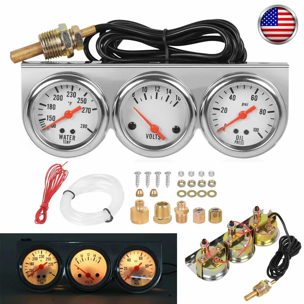 "2"" 52mm Chrome Panel 3in1 Car Meter Oil Pressure Fahrenheit Water Temp Ammeter Triple Gauge Kit Set White Face - Universal Fit - For Car Enthusiasts & Mechanics - Enhance Vehicle Monitoring"