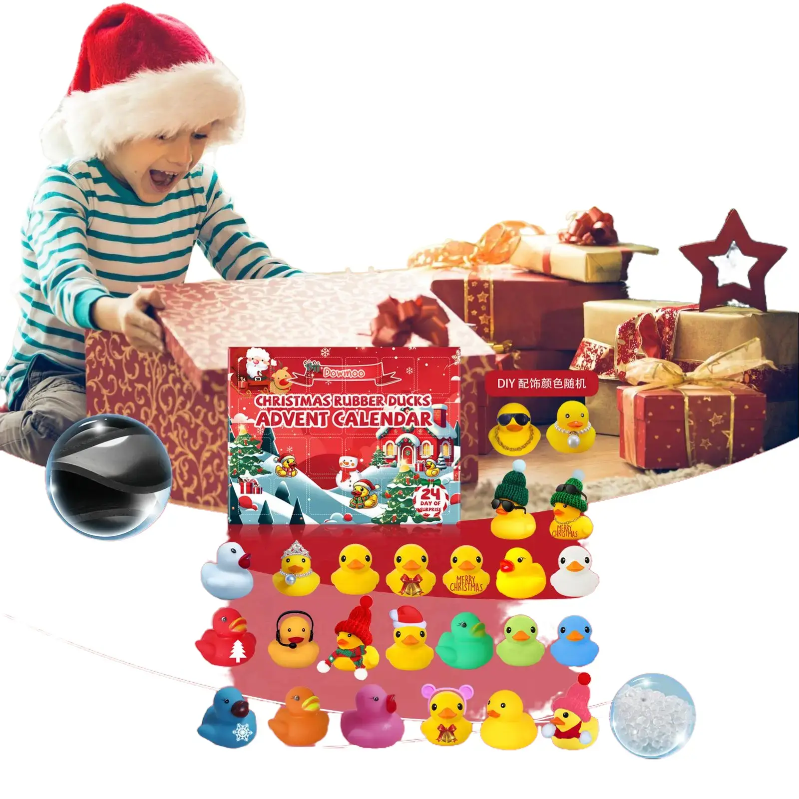 24-Pack Christmas Holiday Cartoonish Rubber Duck Advent Calendar Box with Daily Surprises, Kids' Cartoon Toys Gifts, Holidays, Plastic/Rubber