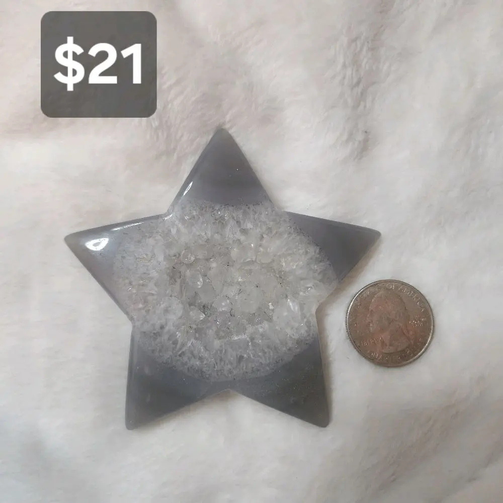 #10 Natural Gray Banded Agate Star with Druzy Center / Natural Crystal / Home Decor / Carving