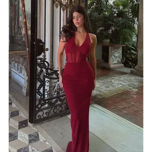 Kristy Mesh Corset Lace-Up Slit Formal Dress