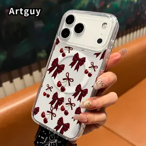 Magnetic Soft Phone Case for iPhone 17 Pro Max 16 Plus 15 14 13 12 11 Air E Cherry Bows Pattern Anti-Yellowing Shockproof Ultra-Thin Silicone Crystal Transparent Acrylic Cover Supports Wireless Charging.