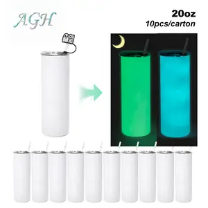 AGH US Halloween UVDTF Special Exclusive 20OZ Sublimation GLOW TO DARK GREEN BLUE Straight Tumbler with UV Stickers and Silicone Topper Cover for DIY Gift Halloween Party Decor 10pcs Carton