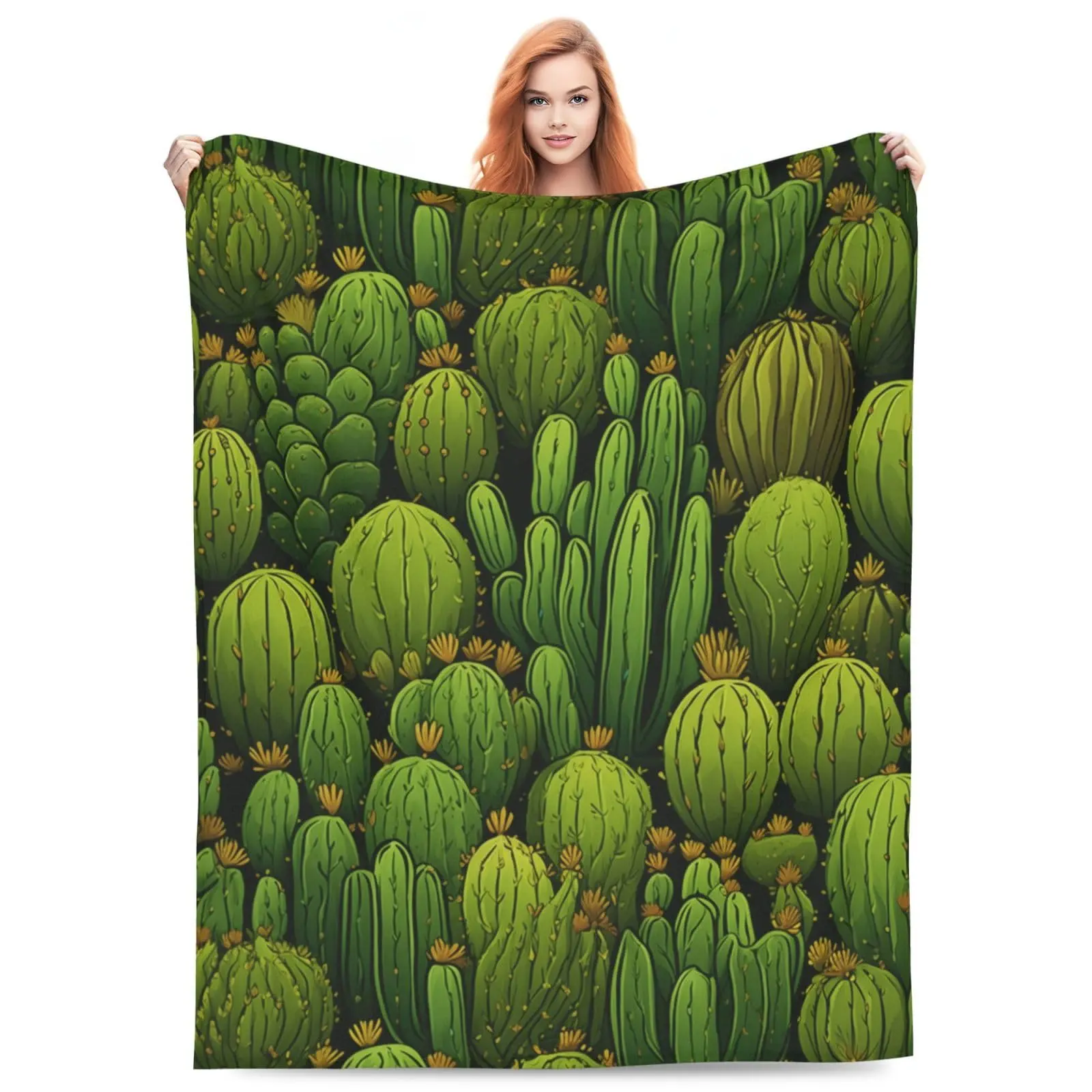 Cactus Print Throw Blanket, Soft Warm Lightweight Cozy 50×60in Blanket for Adults - Fashion Home Textile for Reading, Television Use, Machine Washable with Letters Design