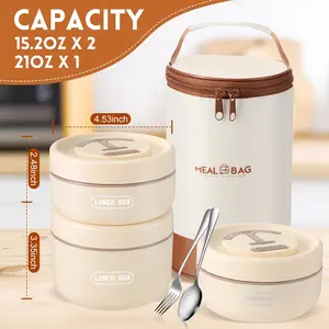 Dandat 3 Pcs Portable Insulated Lunch Container Set for Adult, Stackable Stainless Steel Bento Box for Hot Food with Insulated Lunch Bag Unisex 3 Separate Thermal Food Container(Beige,Round)