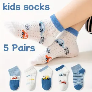 5 pairs of new spring, summer, and autumn mesh breathable children's socks for boys with cartoon car designs