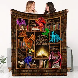 Soft Funny Throw Blanket Book Dragon Flannel Blanket - Vintage Library Design with Colorful Dragons & Bookshelves, All-Season Soft Throw for Book Lovers, Fantasy Readers, Cozy Home Decor Gift, Book Lover Gifts, Fantasythemed Design, Vibrant Print Quality