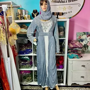 Muslim Luxury Crystal Velvet Abaya with Luxurious Belt, Inner Chiffon Dress & Stylish Chiffon Scarf, Elegant Design-Grey silver