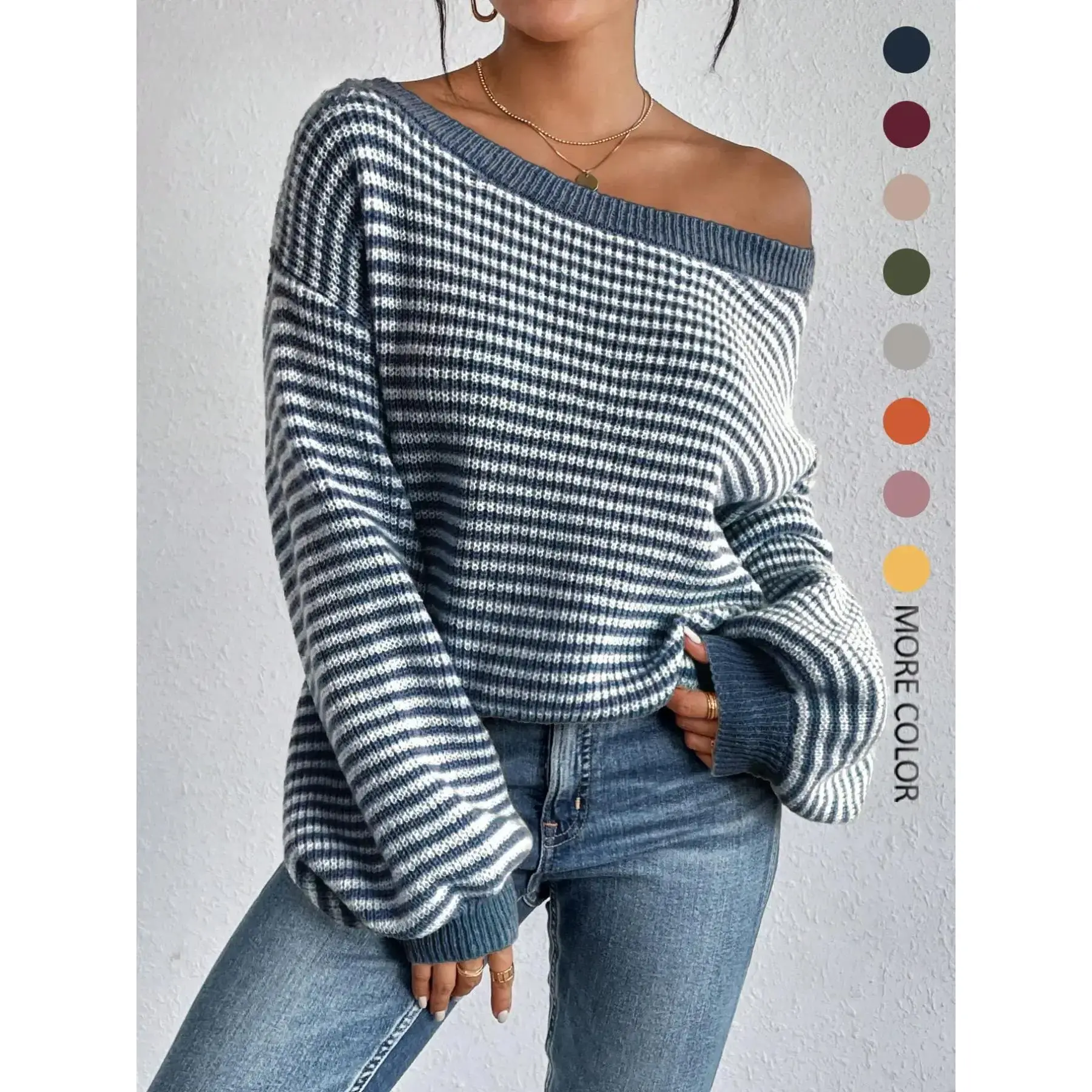 Women's Striped Knit Pullover Sweater, Casual Oversized Drop Shoulder Top with Bishop Sleeves and Boat Neck, Hand Wash, Longsleeves, Baggy Length