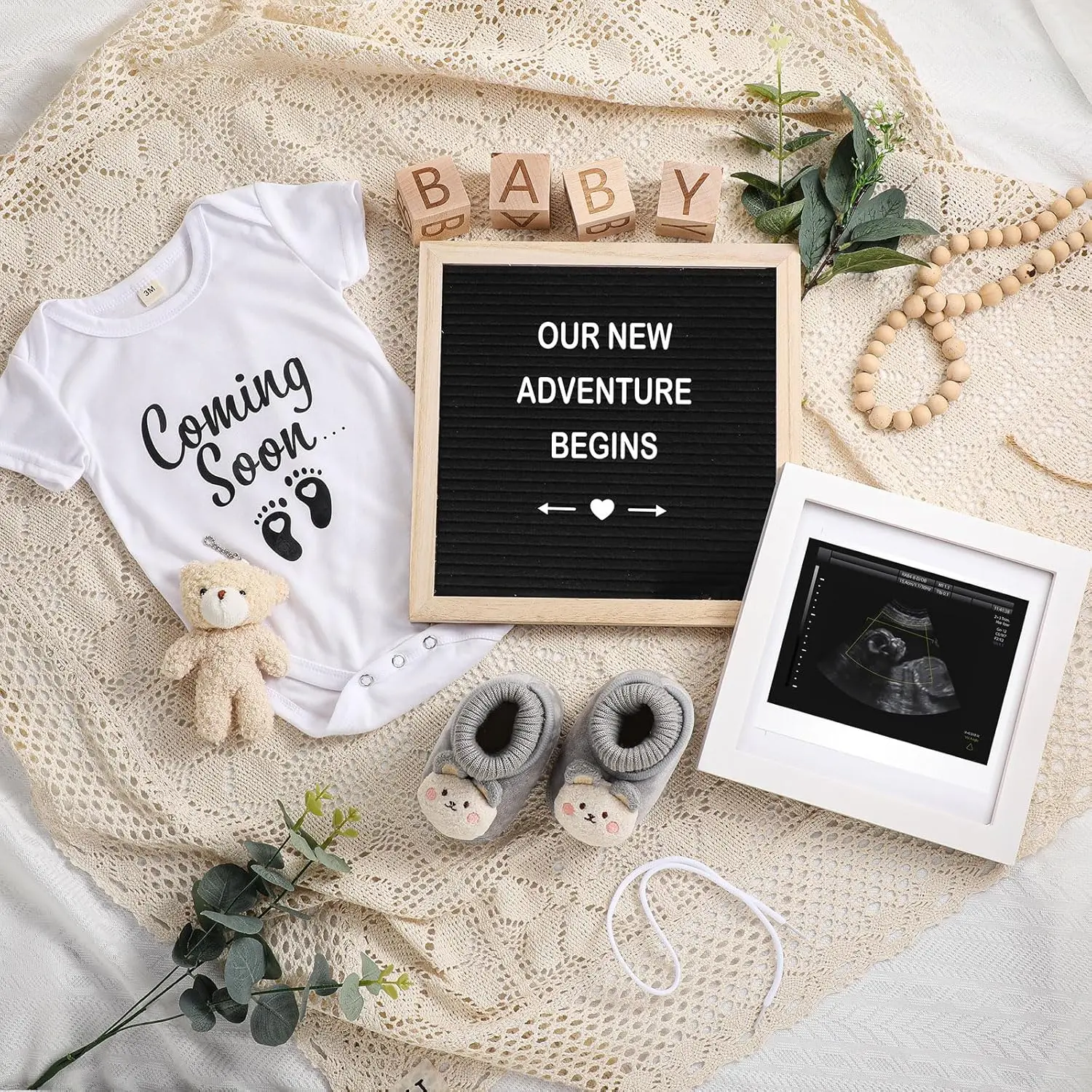 9 count  Announcement Set  Reveal Ideas Felt Letter Board  Bodysuit Booties Photo Frame Bear Plush  Blocks for Coming Soon  Announcement(Black)