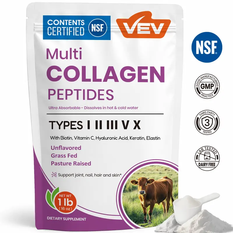 VEV Multi Collagen Peptides Powder, Hydrolyzed Collagen Type I, II, III, V, X with Hyaluronic Acid, Biotin & Vitamin C, Unflavored, 16 oz