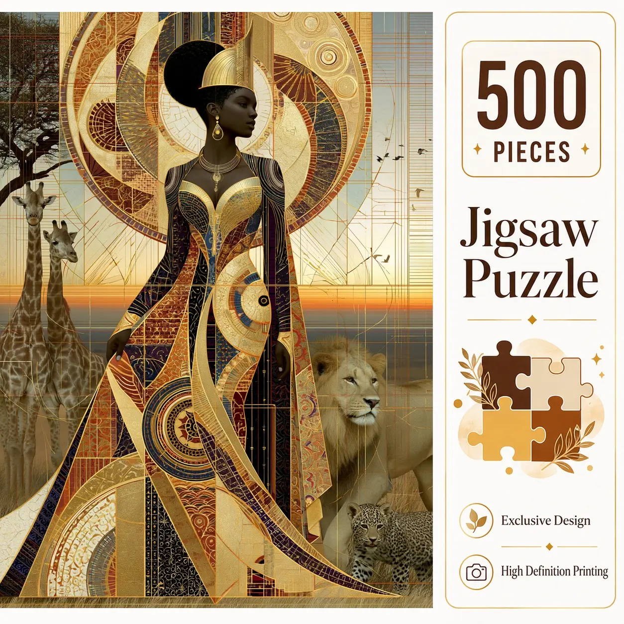 Golden Safari Queen 500 Pieces Jigsaw Puzzle, Wildlife Art Hobby Puzzle for Adults, Family Game for Relaxation and Stress Relief, Brain Exercise Challenge, Wall Decor, Gift for Puzzle Lovers and Seniors, 15x20.5inch(38x52cm)