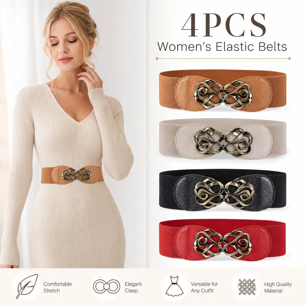 Women's Vintage Stretchy Belt Combo - 4-Pack 2.36in Wide Soft Adjustable Stylish Belts, OneSize Soft Breathable Elastic Waistband for Dresses, High Waist Pants, Soft Adjustable Belt
