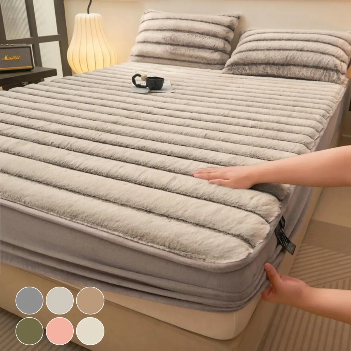 Luxury Faux Rabbit Fur Bedding Set, Soft Warm Fitted Sheet with 1/2 Pillowcases, Solid Color 3-Piece Bed Sheet Set, Soft Comfy Bedding, All Season Cozy Plush Bedding for Bedroom, Dorm, Sofa & Guest Room, Ideal Holiday Christmas Gift