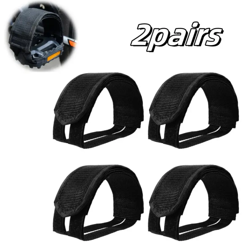 2 Pairs Adjustable Nylon Cycling Pedal Straps with Toe Clips, Anti-Slip Bike Foot Straps for Fixed Gear and Outdoor Cycling, Durable Black Nylon Material