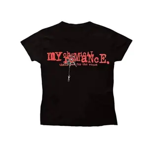 My Chemical Letter Aesthetic Baby Tee, Emo Girl Tops, Slim Y2K Clothes, Casual Punk Print Grunge Clothes, Cute Vintage Baby Tees, Princess Look Baby Tee