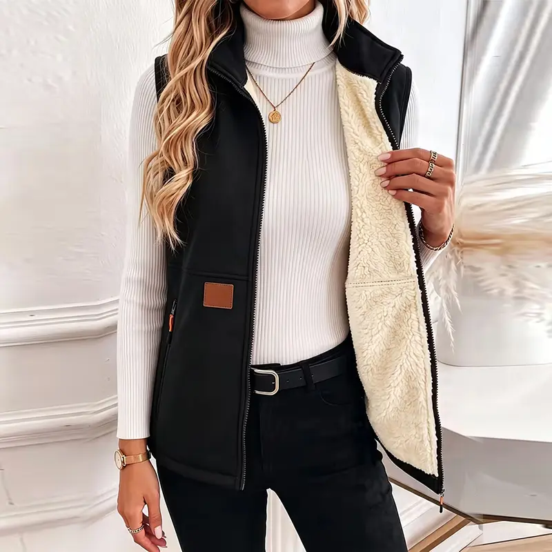 Women's Mock Neck Plain Polar Fleece-Lined Sleeveless Vest - Zip-Front Casual Athletic Outerwear with Sewn-On Labels, Warm for Spring Autumn Winter, Ideal for Outdoor Sports, Commuting