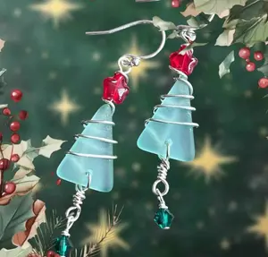 Christmas Tree Earrings, Seafoam Green Sea Glass Christmas Dangle Earrings,