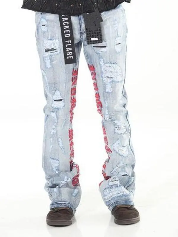 Blue Embroidered Stacked Jeans