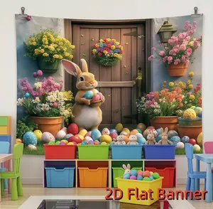 1PC,2D Flat Easter Decoration Backdrop, Cartoon Bunny Easter Eggs Garden Door Scene Photography Background, Festival Party Decor Backdrop, Children's Photo Background, Holiday Atmosphere Decoration Ba