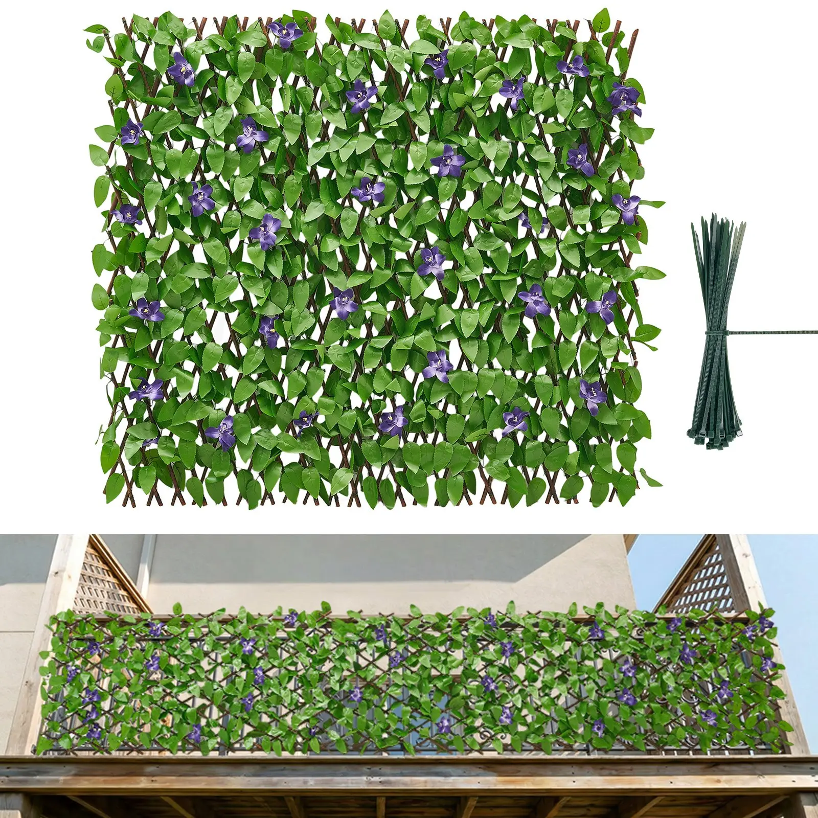 VEVOR Rectangular Expandable Privacy Fence Screen, 16x45 in Fabric-Wood Artificial Ivy Panel with Leaf Veins, 50 Zip Ties, 9.1 lbs Easy-Setup Greenery Backdrop for Balcony, Patio (25.5x122 in Expanded)